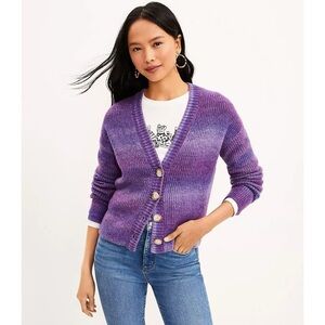 Loft Wool Blend Spacedye Ribbed V-Neck Cardigan Shades of Purple Size Medium